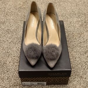 Charlies David Sadie Heels Gray Suede with Pom Pom Fur Accent